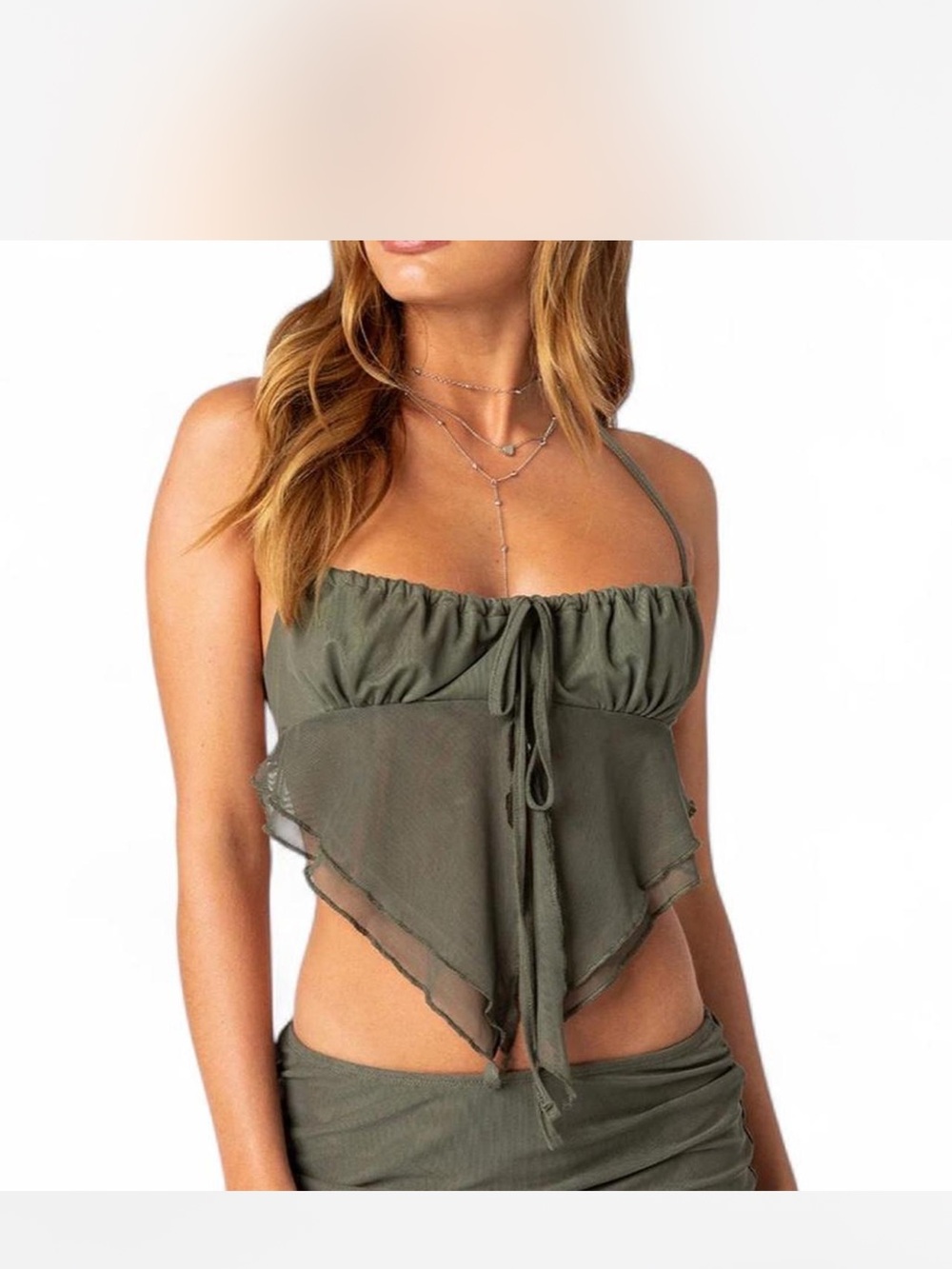 Olive Green Tie-Front Sleeveless Women's Backless Crop Top